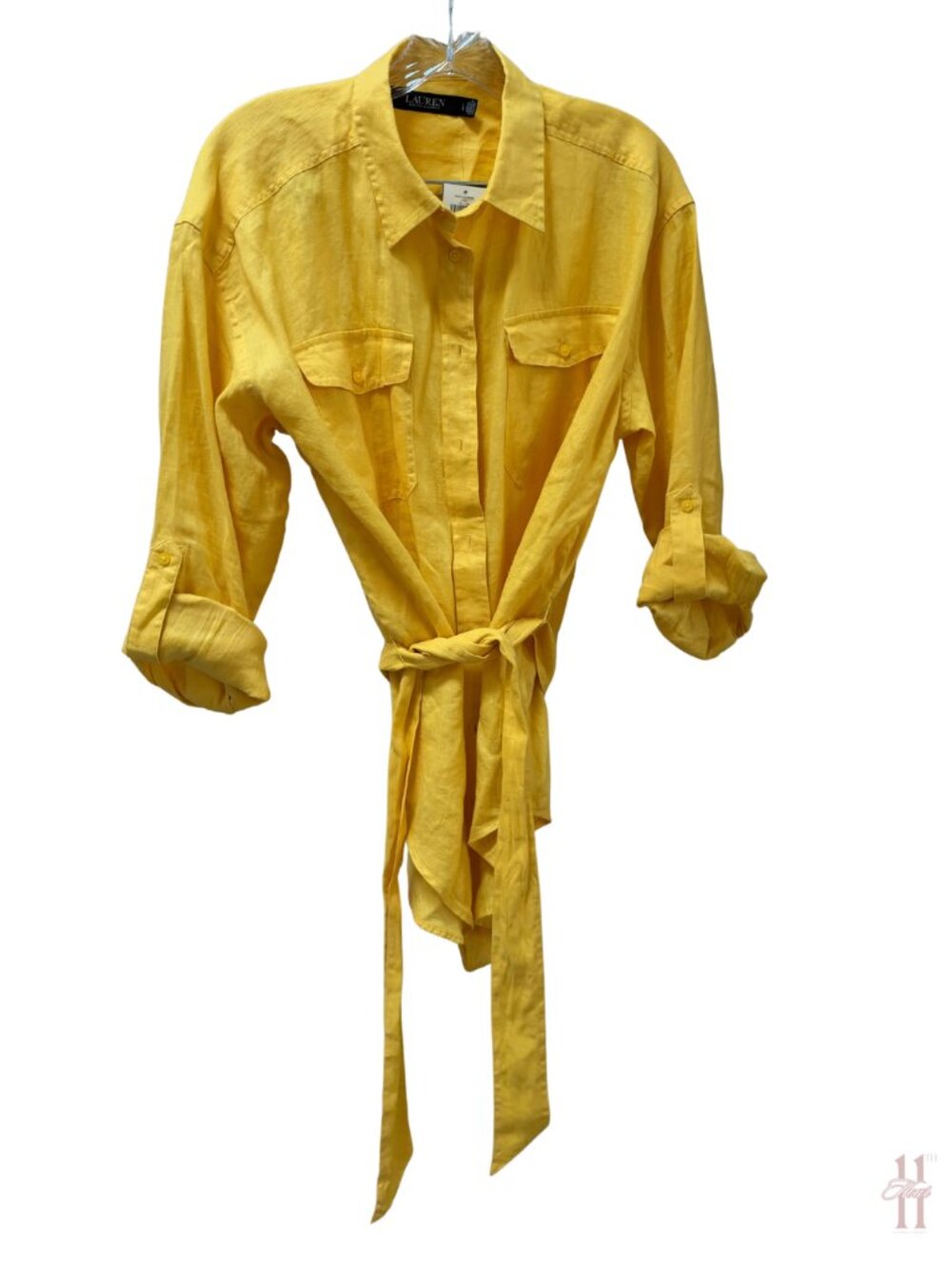 NEW Lauren Ralph Lauren Yellow Linen Button Down Tie Waist Top - Misses Large